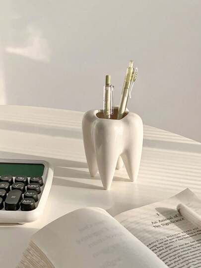 1 pieza Soporte para bolígrafos de cerámica creativo, decoración para el hogar y la oficina, balde de almacenamiento blanco para artículos de papelería y otros elementos, organizador de escritorio mini, decoración de escritorio linda, de vuelta a la escuela