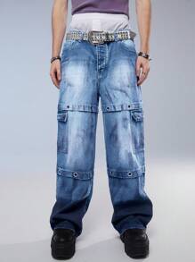 Manfinity Roghcode Quần Jeans Denim Thường Ngày Có Túi Và Nút Cho Nam - Rửa nhẹ - Xem 4
