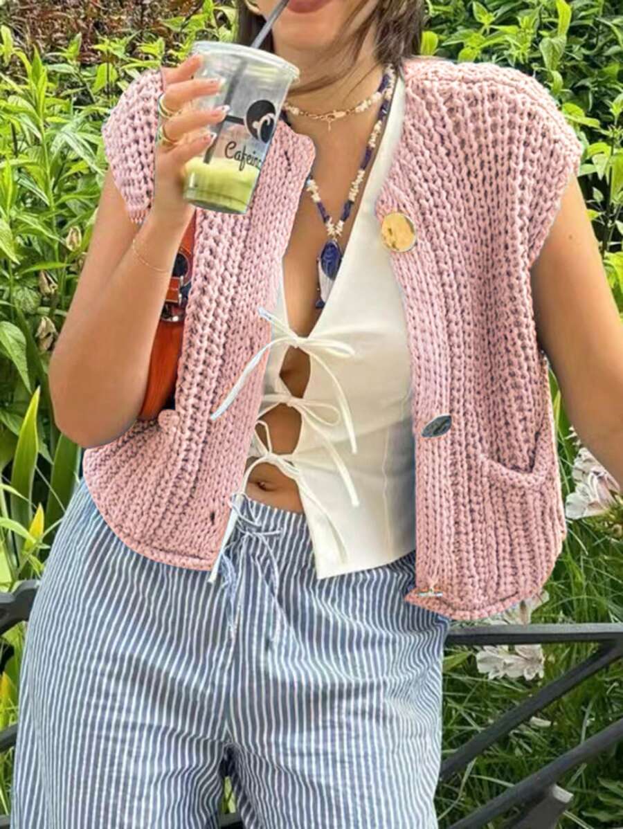 SHEIN EZwear Women Casual Solid Color Sweater Vest For Spring And Autumn - Pink - View 1