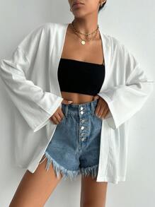 SHEIN Cottnline 女士编织纯色宽松休闲和服罩衫，适合夏季海滩度假 - 白色 - 查看 4