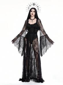 ROMWE Dark Gothic Heavily Laced Open Front Flare Sleeve Floor-Length Sheer Cardigan For Women - Black - View 1