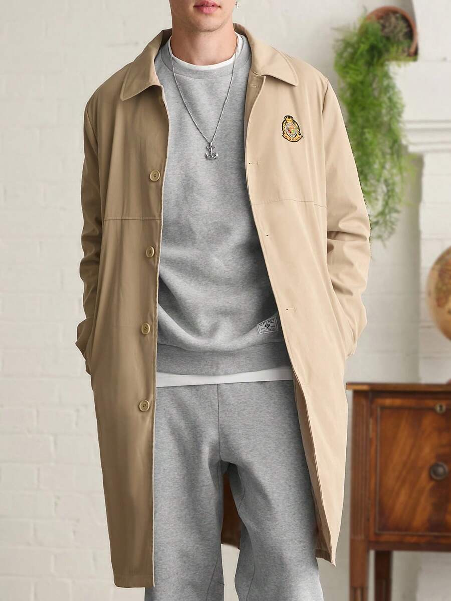 Manfinity VCAY Men's Long Sleeve Woven Long Trench Coat, For Fall Winter - Khaki - View 1