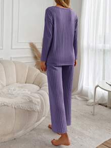 RueChic Ensemble de pyjama 100% coton pour femmes avec impression de lettre, manches longues - Lilas - Voir 2