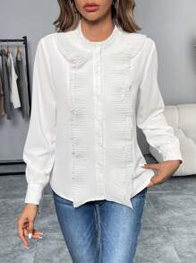 SHEIN LUNE Women's Solid Color Ruffled Long Sleeve Blouse - White - View 4