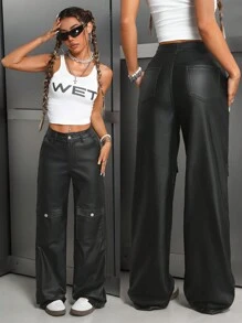 Fashionable Coated Pocket Casual Cargo Straight Pants Fall Cloth For Women - Black - View 1