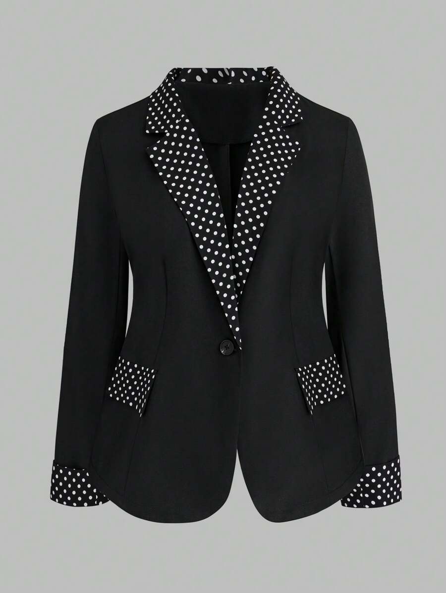 SHEIN LUNE Plus Size Random Polka Dot Print Patchwork Blazer Graduation,Back To School,Teacher Outfits For Women Fall Cloth For Women Autumn - Black - View 1