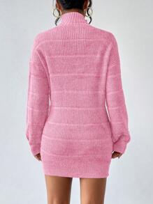 Chiquease Solid Color Turtleneck Textured Long Sleeve Sweater Dress Fall Winter Cloth For Women - Pink - View 2