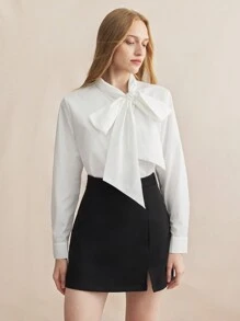 BizChic 女士优雅通勤领带蝴蝶结衬衫办公室白衬衫宽松衬衫工作衬衫 - 白色 - 查看 3