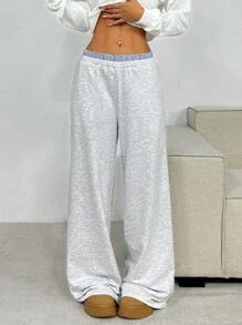 SHEIN Pantalones anchos informales y holgados de cintura alta con bloque de color y dobladillo sencillo y cómodo para niña preadolescente