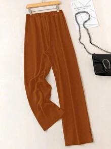 SHEIN LUNE 大码纯色系带阔腿秋季休闲裤 - 鏽棕色 - 查看 2