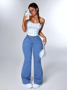 SHEIN ICON 女式休闲破洞修身喇叭牛仔裤 - 藍色 - 查看 3