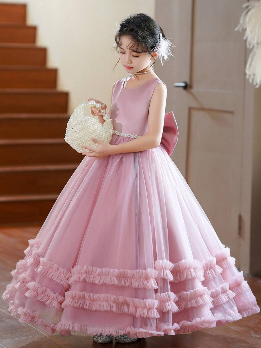 SHEIN Tween Girls' Luxury Fashion Chiffon Dress, Elegant Princess Style Dress Ball Gown For Piano Performance And Hosts - Pink - View 1