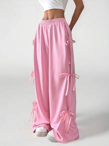 SHEIN PETITE Sweet And Lovely Pink Bow Detail Knot Tie Waist Sweatpants For Spring And Summer - Pink - View 4