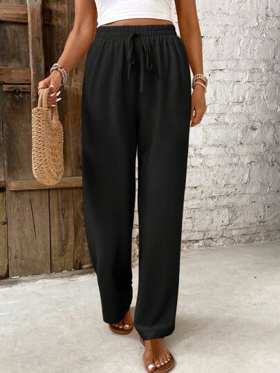 SHEIN Frenchy Women's Solid Color Casual Straight-Leg Pants Winter Black Spring