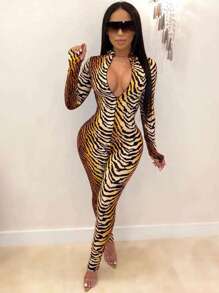 SHEIN Women's Tiger Print Long Sleeve Jumpsuit Fall Cloth For Women - Multicolor - View 4