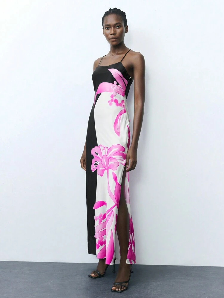 SHEIN Maija Women Spaghetti Strap Backless Floral Print Color Block Fitted Slit Dress Floral Dress