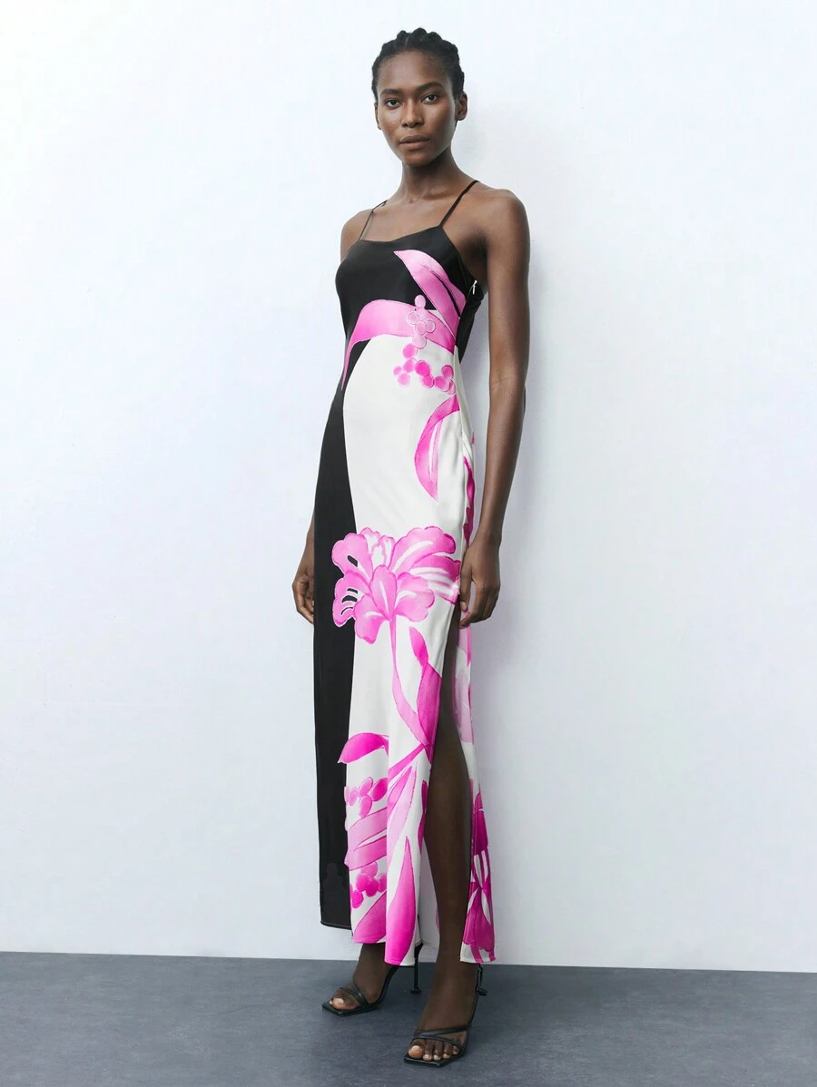 Maija Women Spaghetti Strap Backless Floral Print Color Block Fitted Slit Dress Floral Dress - Multicolor - View 1