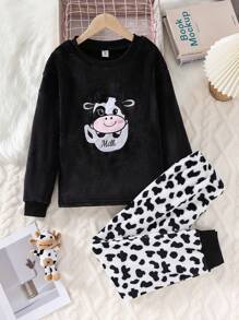 Tween Girl Cow Print Pajamas Set - Includes Cow Pattern Long Sleeve Top And Cow Pattern Long Pants - Pink - View 6
