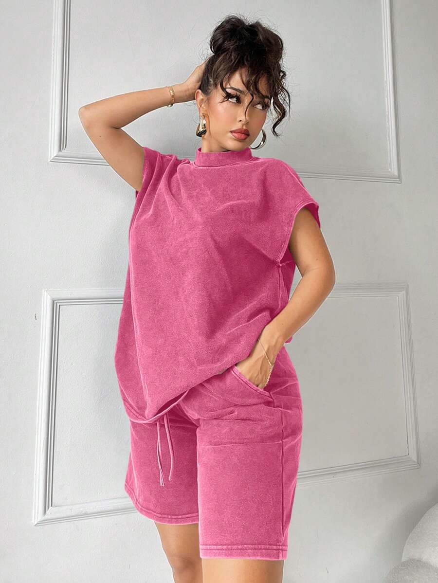 SHEIN SXY 2pcs Set: Distressed Casual Outfit - Dropped Shoulder Tee & Wide Leg Bermuda Shorts, Summer - Hot Pink - View 1