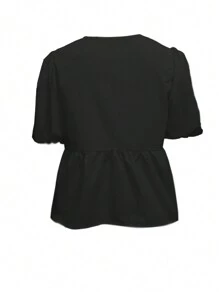 Rafferiza 女士夏季泡泡袖衬衫配蝴蝶结女士衬衫 - 黑色 - 查看 2