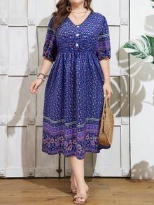 SHEIN Holidaya Plus Size V-Neck Ditsy Floral Casual Holiday Short Sleeve Dress - Blue - View 4