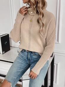 Chiquease Plain Stand Collar Long Sleeve Pullover Sweater, Knit Pullover Fall Winter - Khaki - View 6