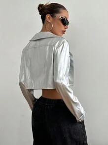 StreetHx Women Metal Silver Cropped Jacket - Silver - View 3