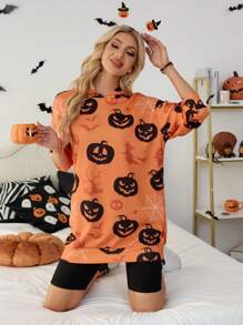 SHEIN Essnce 2024 Autumn Women's Halloween Custom Women's Dark Style Pumpkin Head Witch Devil Costume, Halloween Sweatshirt, Halloween Costume Vampire Dress - Orange - View 5