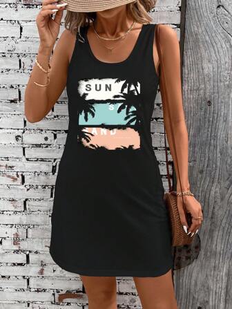 EMERY ROSE Lässiges, simples Sommerkleid mit rundem Ausschnitt ohne Ärmel und Palmenbaum Grafik-Muster für Damen, geeignet für den Sommer