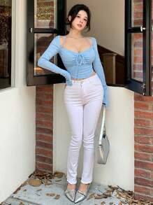 DAZY Women's 2 In 1 Long Sleeve T-Shirt Going Out Tops,Fall Clothes - Baby Blue - View 2