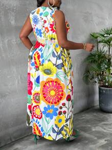 Slaydiva 大码印花无袖宽松 A 字形女式连衣裙，休闲度假 - 彩色 - 查看 2