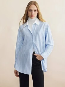 BizChic Women's Turndown Collar Contrast Color Long Sleeve Striped Blouse  Baggy Shirts  Work Blouse - Blue - View 7