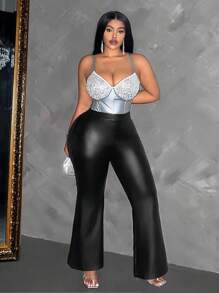 Maweii Plus Size Fashion Lace Patchwork Flare Pants Fall Cloth For Women - Black - View 5