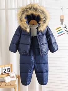 SHEIN 2pcs/Set Baby Boy/Girl Warm Fuzzy Hooded Jacket & Overalls Outfit, Suitable For Autumn And Winter, Great For Outdoor/Skiing