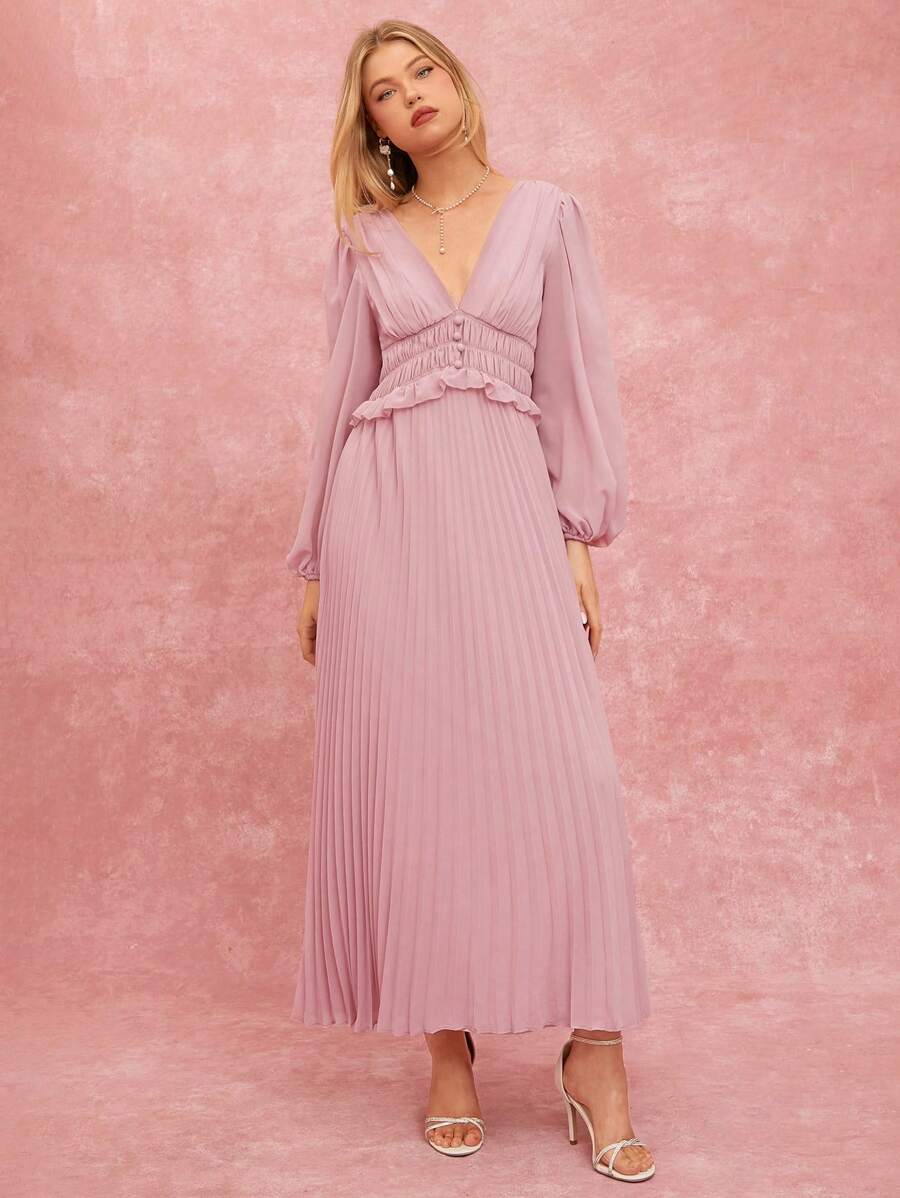 Enchnt 女士优雅纯色灯笼袖褶皱连衣裙，春夏 - 藕粉色 - 查看 1