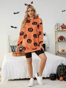 SHEIN Essnce 2024 Autumn Women's Halloween Custom Women's Dark Style Pumpkin Head Witch Devil Costume, Halloween Sweatshirt, Halloween Costume Vampire Dress - Orange - View 6