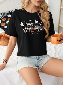 SHEIN Essnce 2024 Halloween Pumpkin Head, Spider, Ghost Print Loose Black Gothic Style Short Sleeve T-Shirt - Black - View 4