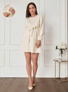 MaterniWear Maternity Autumn Winter Dress With Bow Belt, Nursing Dress For Pregnant Women - Apricot - View 1