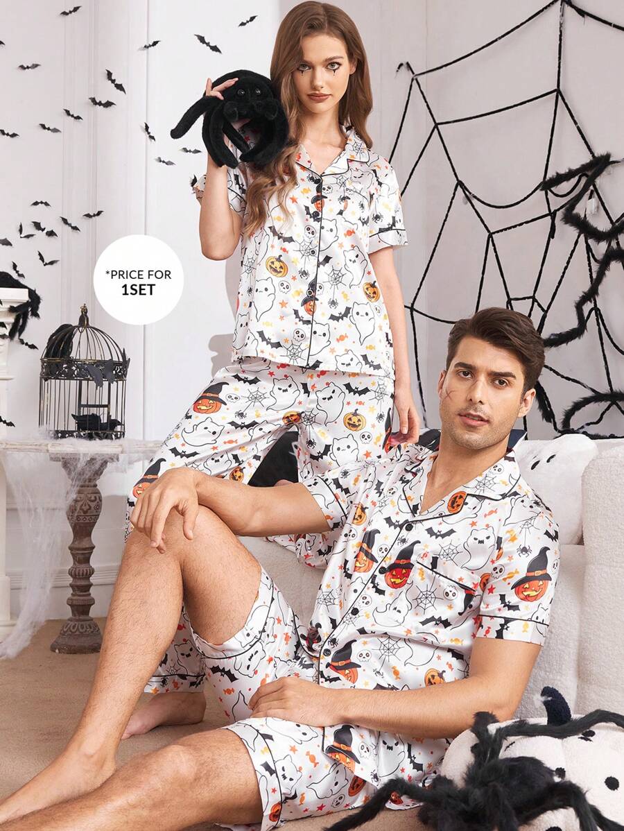 Halloween Element Print Faux Silk Men Pajama Set - White - View 1