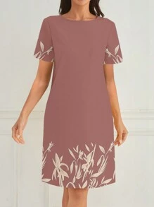 EMERY ROSE Đầm suông rộng rãi, cổ tròn, tay ngắn, in hoa, thoải mái mặc hàng ngày cho nữ - Bụi hồng - Xem 3