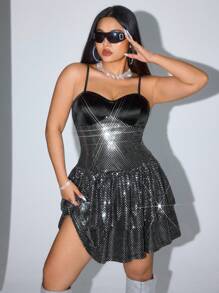 SHEIN ICON Plus Size Women Sequin Slip Dress - Black - View 5