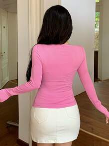 Dazy Star Camiseta de manga larga de punto acanalado de cuello redondo de unicolor sexy para mujer, ropa de otoño - Rosa - Ver 6