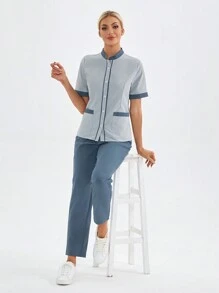 TaskEZ Set de 2 piezas de uniforme quirúrgico con cuello alto de un solo abotonadura, bolsillos y pantalones en colores contrastantes
