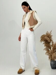 SHEIN Privé 女士无袖复合绒面革保暖内衬保暖优雅夹克 - 卡其色 - 查看 3