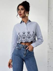 Firerie Women's Simple Casual Elegant Vacation Commuting Romantic Floral Embroidered Button Down Loose Striped Long Sleeve Shirt, Blouse