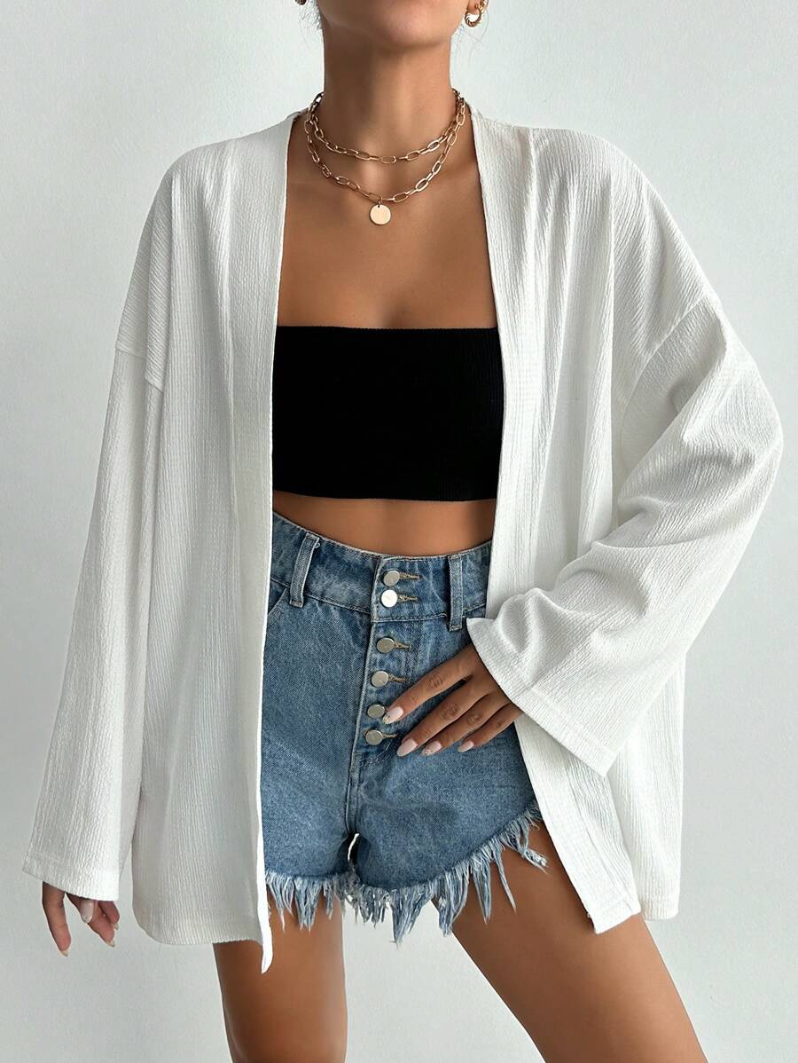 SHEIN Cottnline 女士编织纯色宽松休闲和服罩衫,适合夏季海滩度假 - 白色 - 查看 1