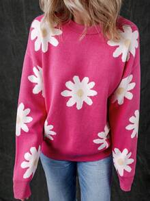 Cute Casual Long-Sleeved Knit Sweater With Daisy Floral Pattern And Round Neck - Pink - View 6