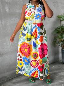 Slaydiva 大码印花无袖宽松 A 字形女式连衣裙，休闲度假 - 彩色 - 查看 1