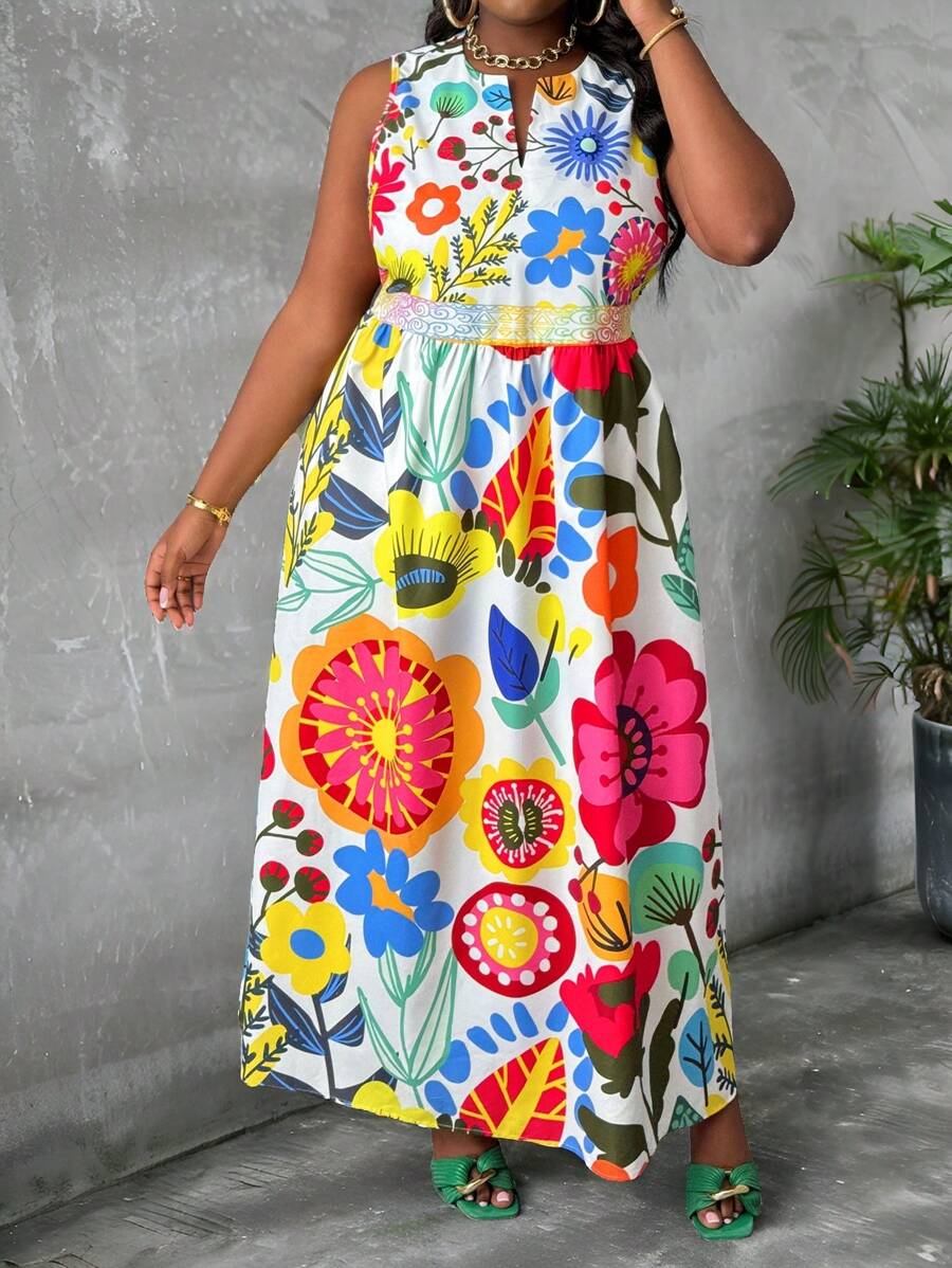 Slaydiva 大码印花无袖宽松 A 字形女式连衣裙，休闲度假 - 彩色 - 查看 1