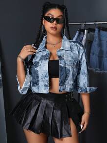 SHEIN ICON Plus Size Spring & Summer Fashionable Printed Washed Cropped Denim Jacket - Medium Wash - View 1